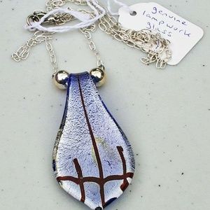 NECKLACE, GLASS PENDANT WITH METALLIC FOIL SPOON SHAPE, TAG ON, 22 INCHES,